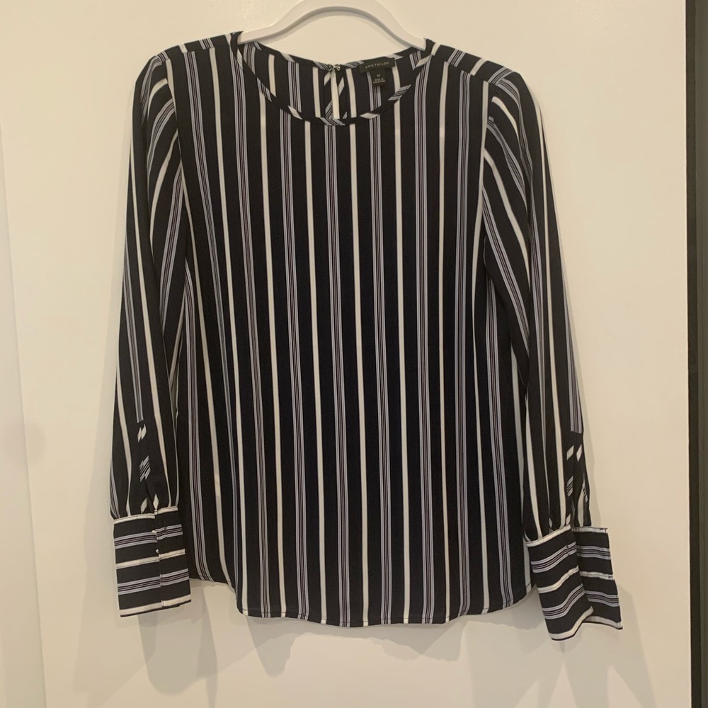 Navy and white striped work blouse
